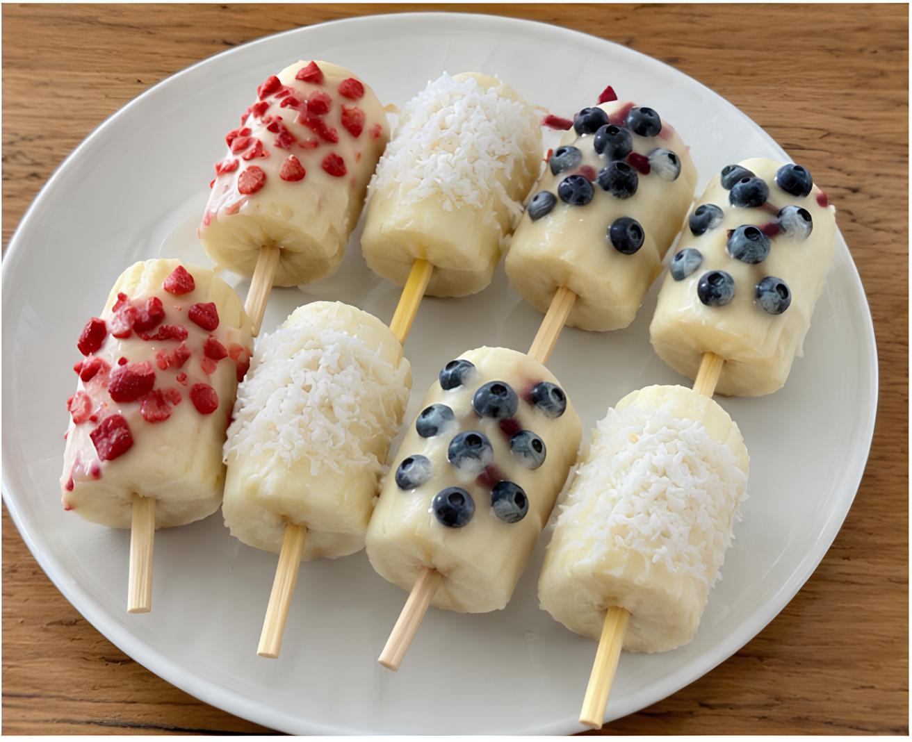 Frozen yogurt banana pops with berries and coconut